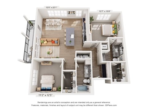 Floor plan for 2 beds, 2 baths, 1243 sqft